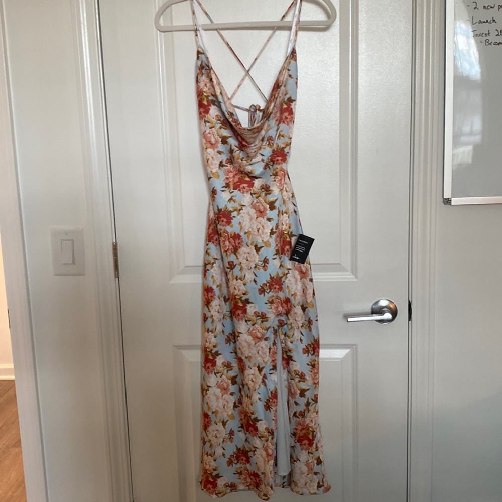 Light Blue Floral Print Satin Lace-Up Midi Dress
